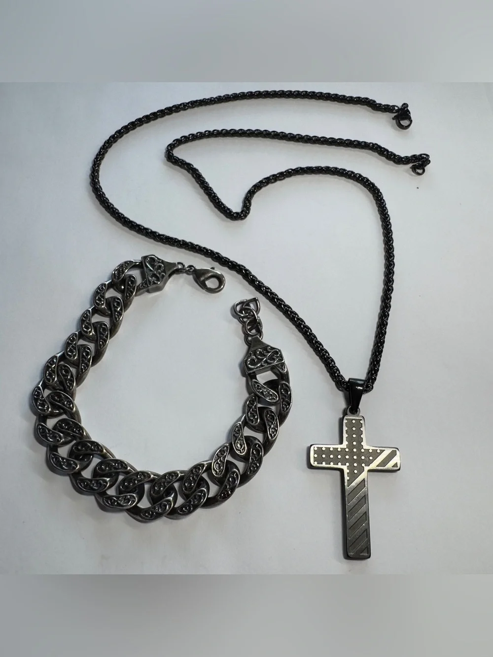 13”Men's Cody James Black Stainless Steel Cross Necklace and Link Bracelet Set